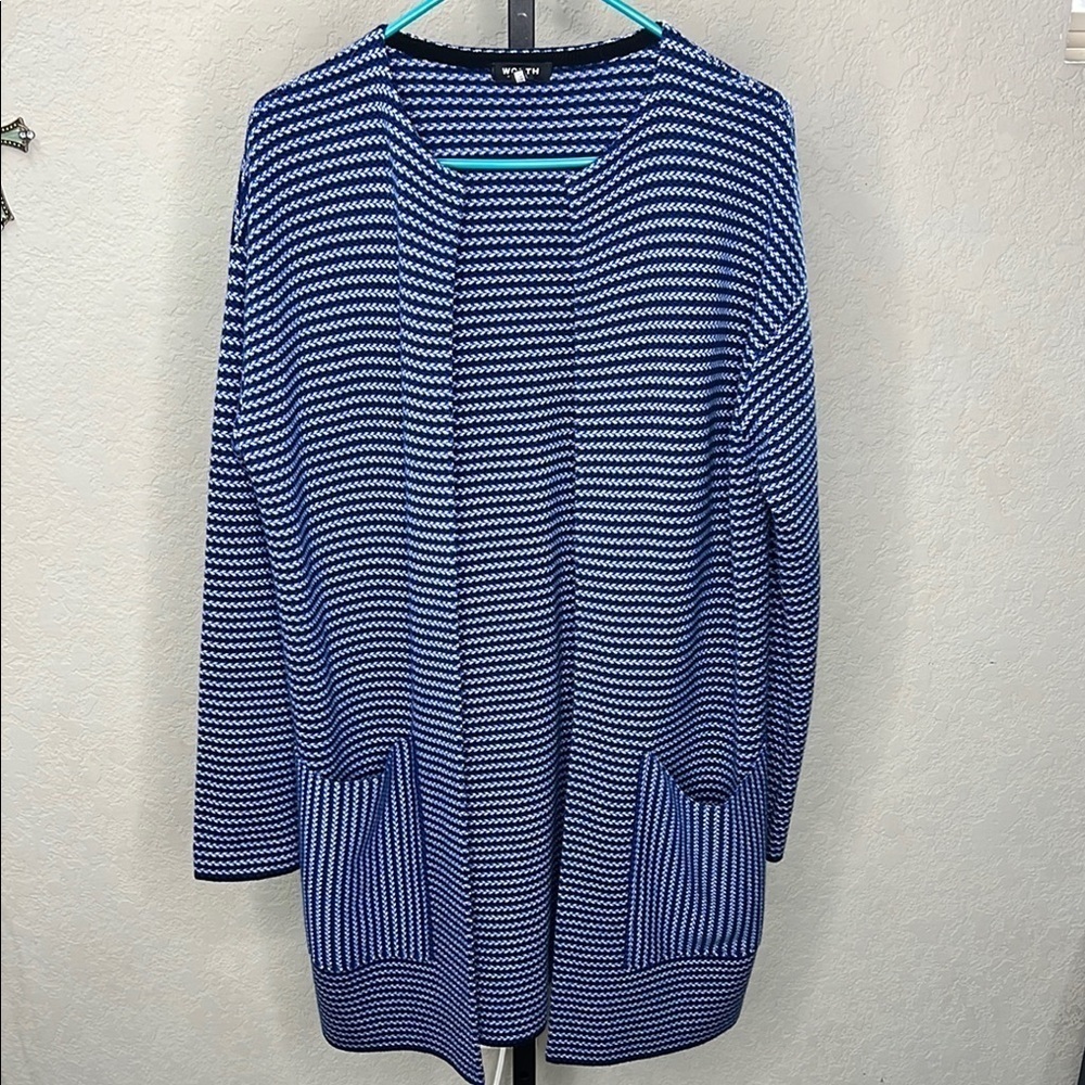048 - Worth NWOT New York Blue and White Striped Open Front Cardigan. Size M